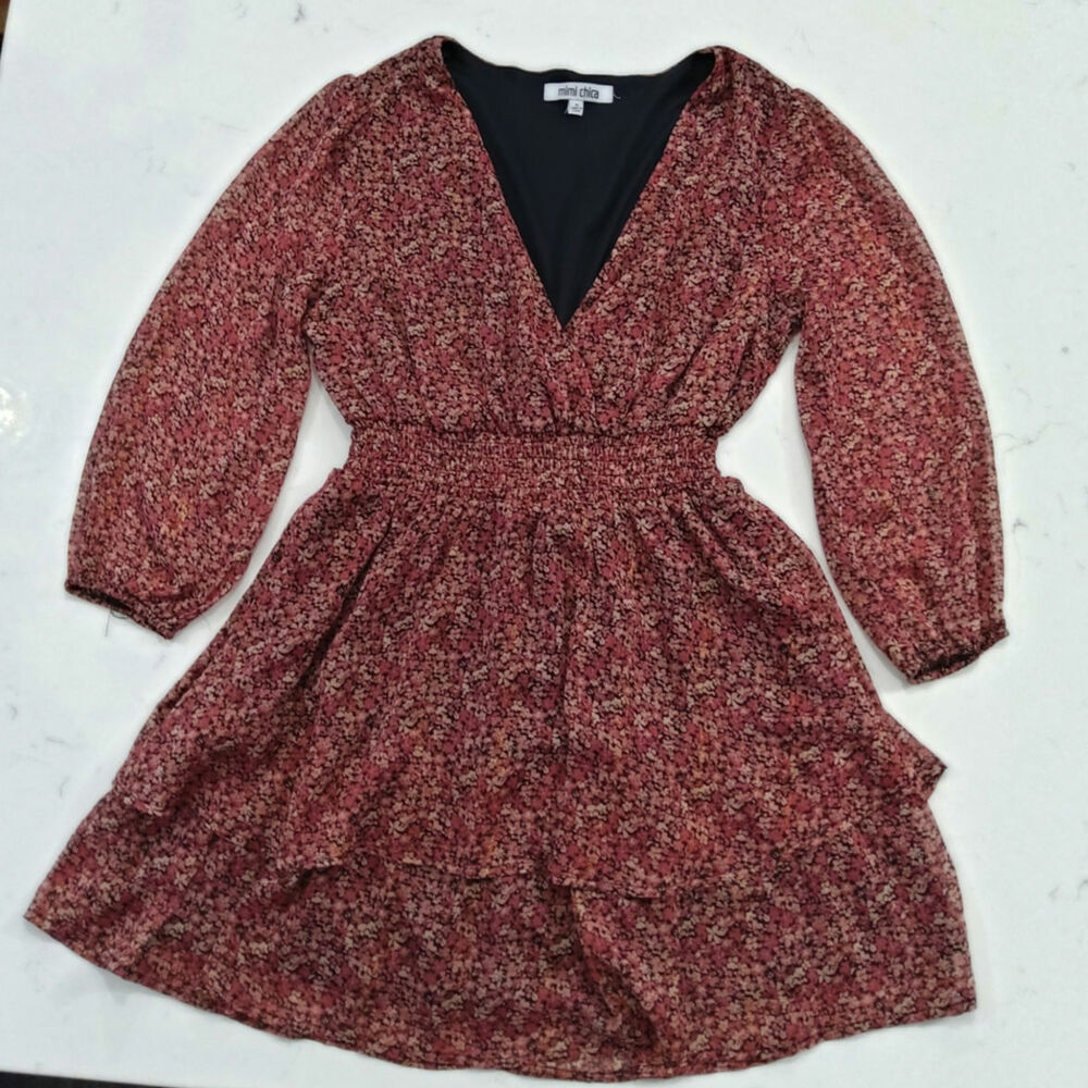 Coquette burgundy/pink Ditzy Floral dress mock waist, tiered Romantic Boho sheer - Picture 3 of 8